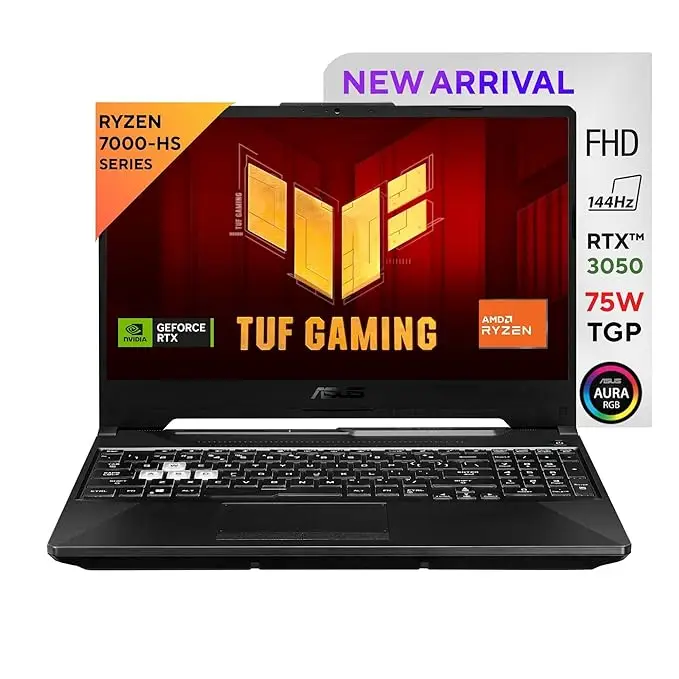 Brand ASUS Model Name TUF Gaming Screen Size 16 Inches Colour Graphite Black, R5 | RTX 3050 Hard Disk Size 512 GB CPU Model Ryzen 5 RAM Memory Installed Size 16 GB Operating System Windows 11 Home Special Feature Adaptive-Sync, McAfee® 1 year, Anti-glare display, Built-in array microphone, Backlit Chiclet Keyboard 1-Zone RGBAdaptive-Sync, McAfee® 1 year, Anti-glare display, Built-in array microphone, Backlit Chiclet Keyboard 1-Zone RGB Graphics Card Description Dedicated See less About this item Processor : AMD Ryzen 5 7535HS Processor 3.3GHz (19MB Cache, up to 4.55 GHz, 6 cores, 12 Threads) Display : 39.62 cms (15.6) FHD (1920 x 1080) Anti-glare display having 16:09 Aspect Ratio || 144Hz Refresh Rate || 250nits Brightness, Keyboard : Backlit Chiclet Keyboard 1-Zone RGB Graphics : 4GB GDDR6 NVIDIA GeForce RTX 3050 Laptop GPU || Up to 1675MHz at 60W (75W with Dynamic Boost) Memory : 16GB DDR5-5600 SO-DIMM RAM expandable upto 32GB using 2x SO-DIMM slots, Storage : 512GB PCIe 4.0 NVMe M.2 SSD Disclaimer : Rated speed of RAM module. Actual memory speeds may vary by CPU configuration I/O Ports : 1x RJ45 LAN port || 1x USB 3.2 Gen 2 Type-C support DisplayPort || 3x USB 3.2 Gen 1 Type-A